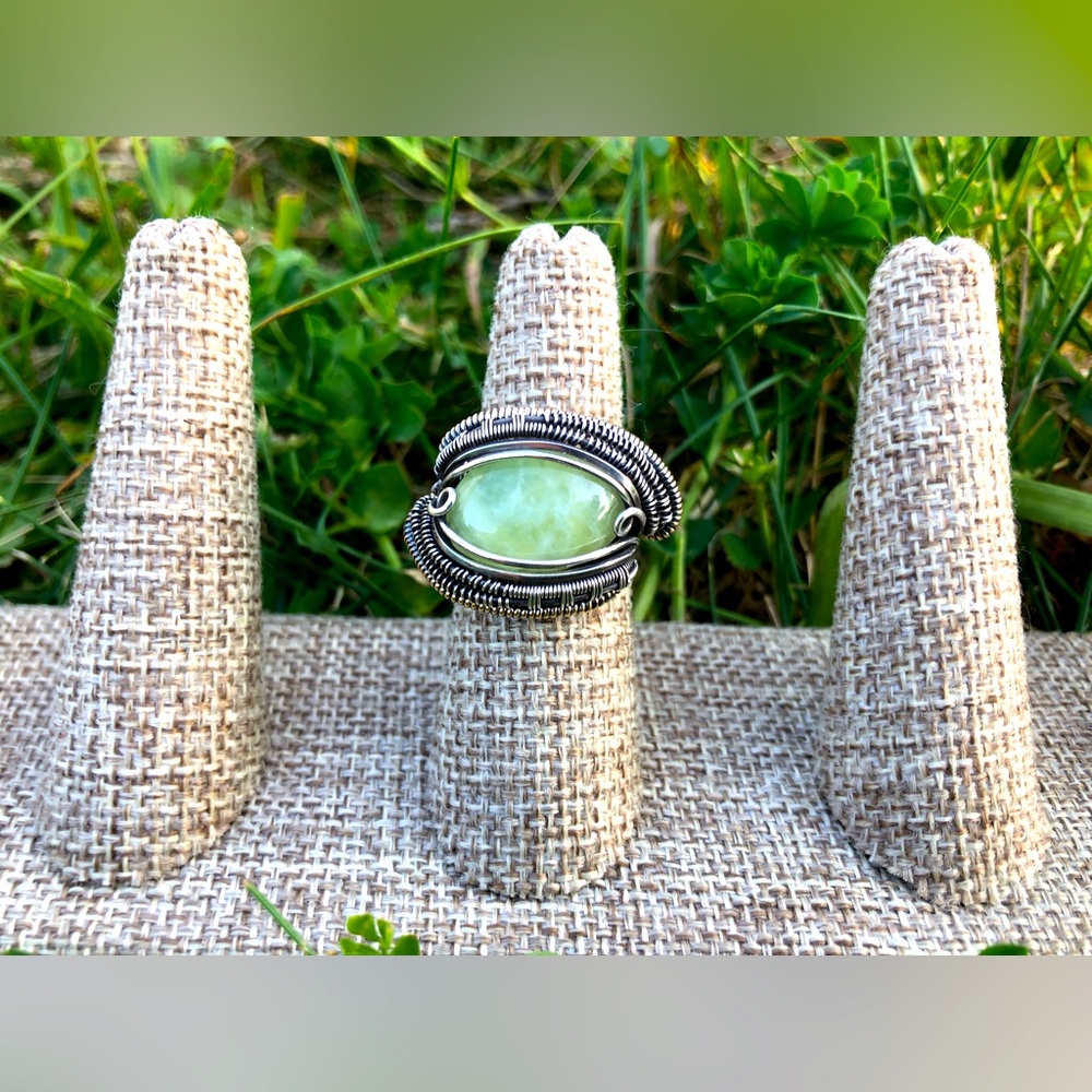 Prehnite Wire Wrapped Ring Sterling Silver & Gold Fill Size 8 1/2 8.5 Oxidized